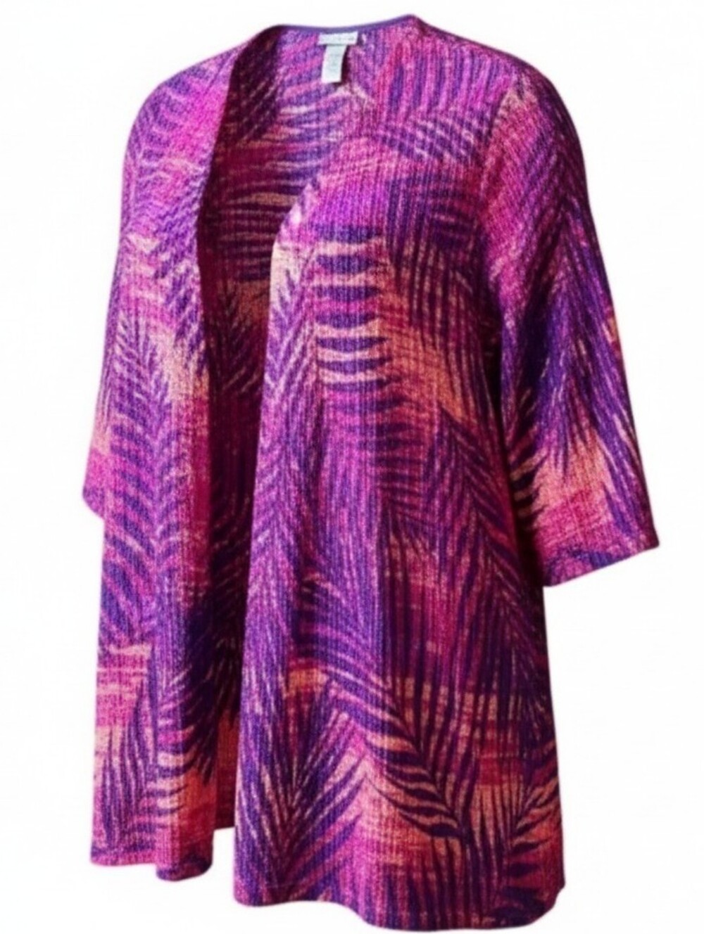 CATHERINES‎ | Pink Purple Tropical Palm Open Front Swim Cover Knit Cardigan | 3X